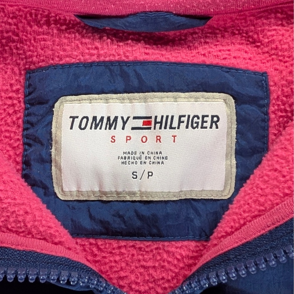 Tommy Hilfiger Sport Pink Navy Fleece Quarter Zip Hoodie Reflective Women Small - Picture 2 of 7